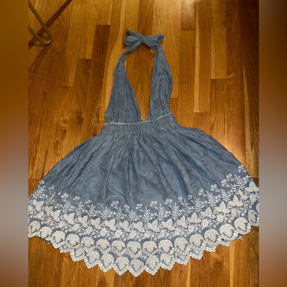 Love Shack Fancy halter mini dress blue white flower embroidery